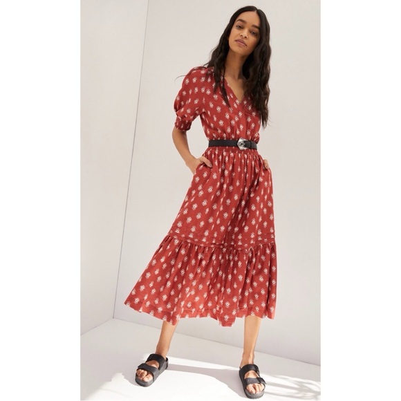 EUC by ANTHROPOLOGIE Felipa Crimson Ikat Cottagecore Boho Flounce Midi Dress M - Picture 7 of 13